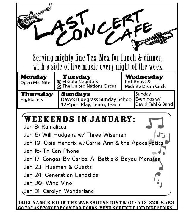 Advertisement: Last Concert Cafe — weekends in January, Free Press Houston 2009.01, PDF page 14