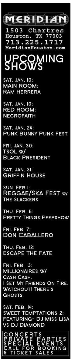 Advertisement: Meridian — upcoming shows, Free Press Houston 2009.01, PDF page 14