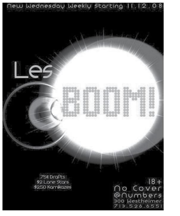 Advertisement: Les Boom! — new Wednesday weekly @ Numbers, Free Press Houston 2009.01, PDF page 7