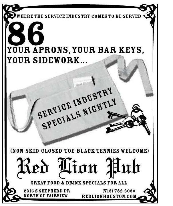 Advertisement: 86 your aprons, your bar keys, your sidework… service industry specials nightly, Free Press Houston 2009.01, PDF page 7