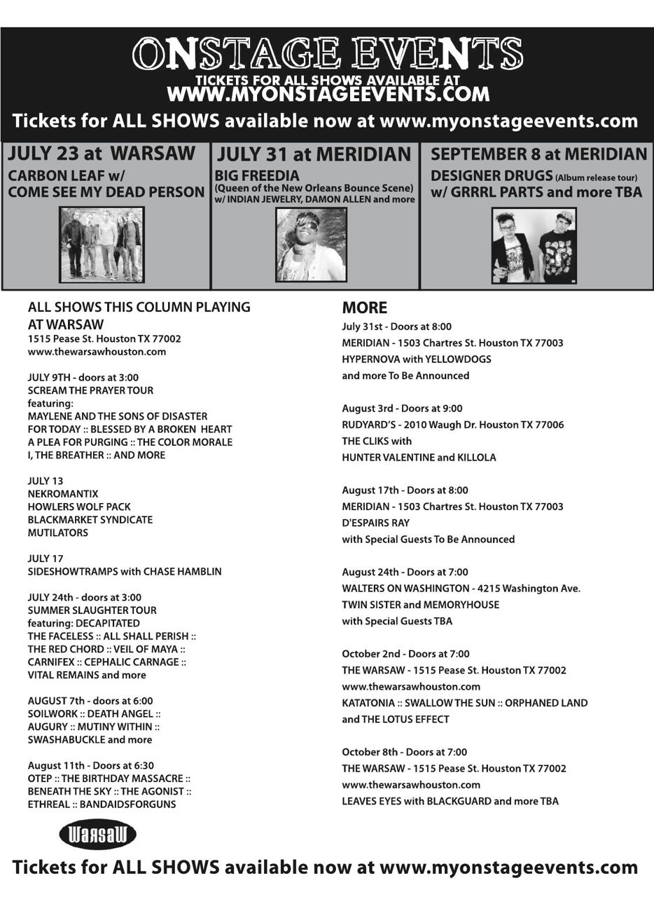 Advertisement: Onstage Events concert listings, Free Press Houston 2010.08, PDF page 11