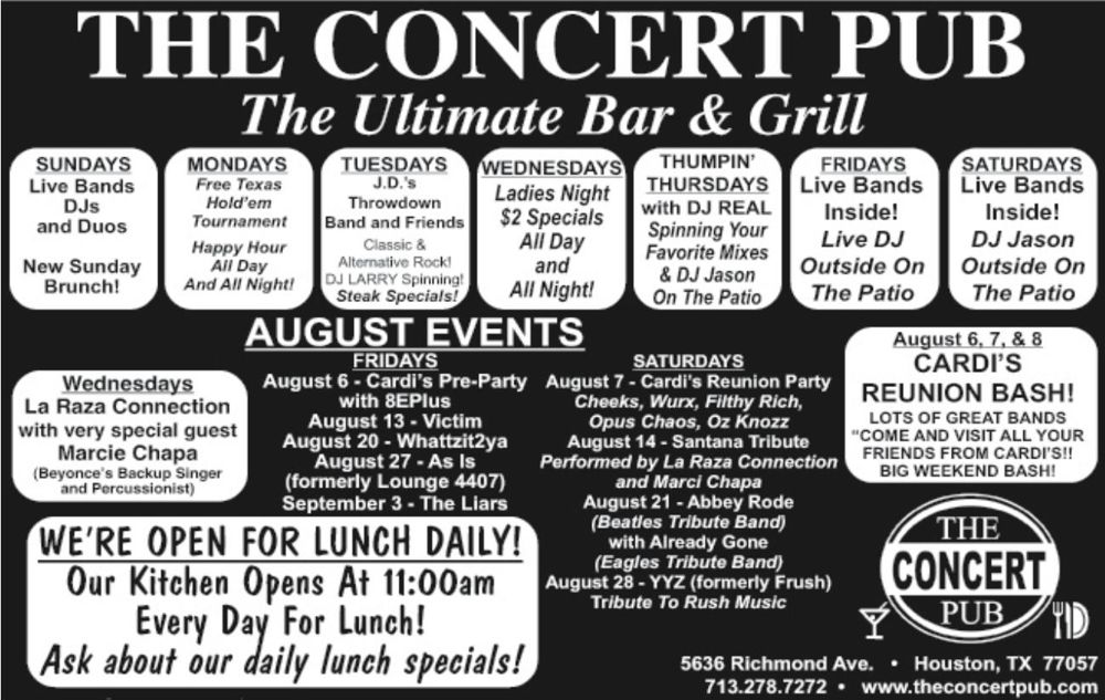 Advertisement: The Concert Pub August events, Free Press Houston 2010.08, PDF page 13