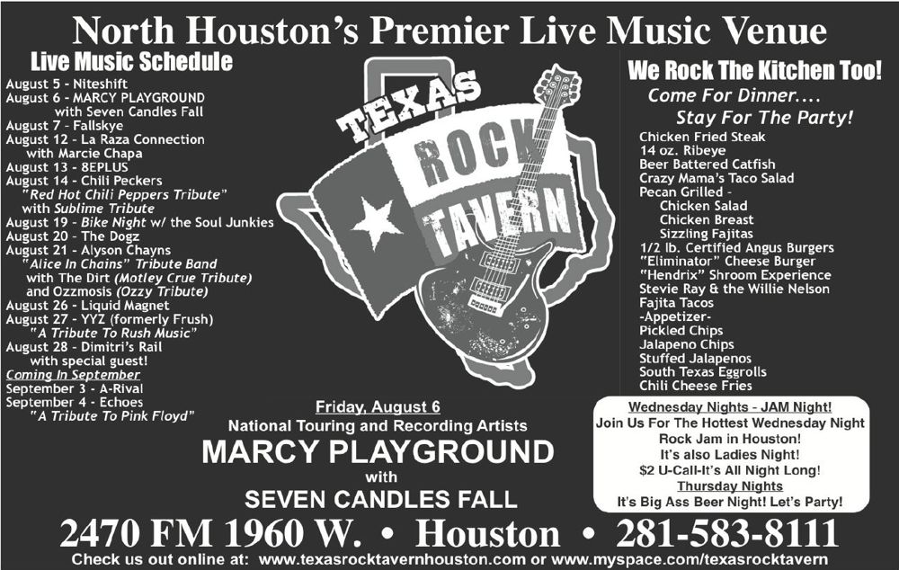 Advertisement: Texas Rock Tavern live music schedule, Free Press Houston 2010.08, PDF page 13