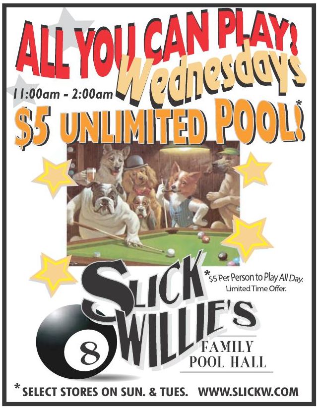 Advertisement: All you can play! Wednesdays $5 unlimited pool, Free Press Houston 2010.08, PDF page 17