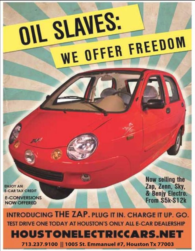 Advertisement: Oil Slaves: we offer freedom — introducing the ZAP, Free Press Houston 2010.08, PDF page 2