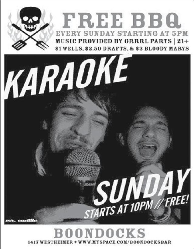 Advertisement: Boondocks Sunday barbecue and karaoke, Free Press Houston 2010.08, PDF page 21