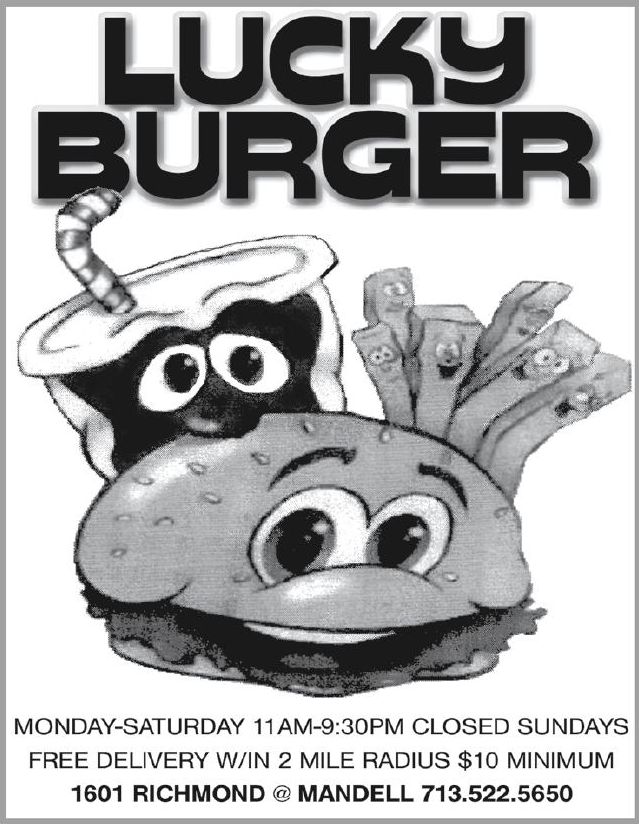 Advertisement: Lucky Burger delivery advertisement, Free Press Houston 2010.08, PDF page 22