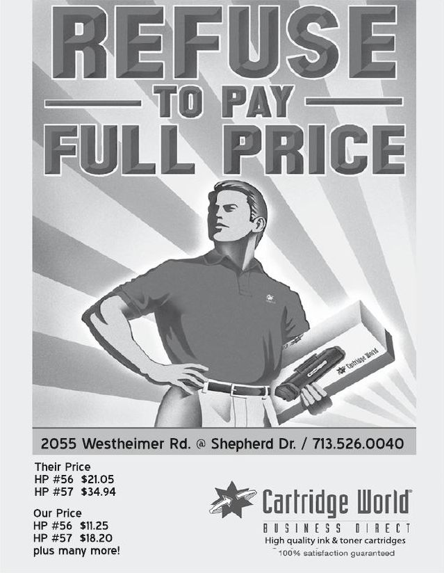 Advertisement: Cartridge World: Refuse to pay full price, Free Press Houston 2010.08, PDF page 23