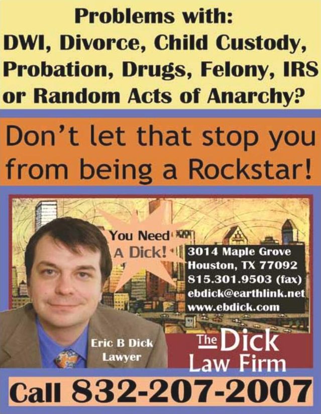 Advertisement: The Dick Law Firm legal services, Free Press Houston 2010.08, PDF page 26