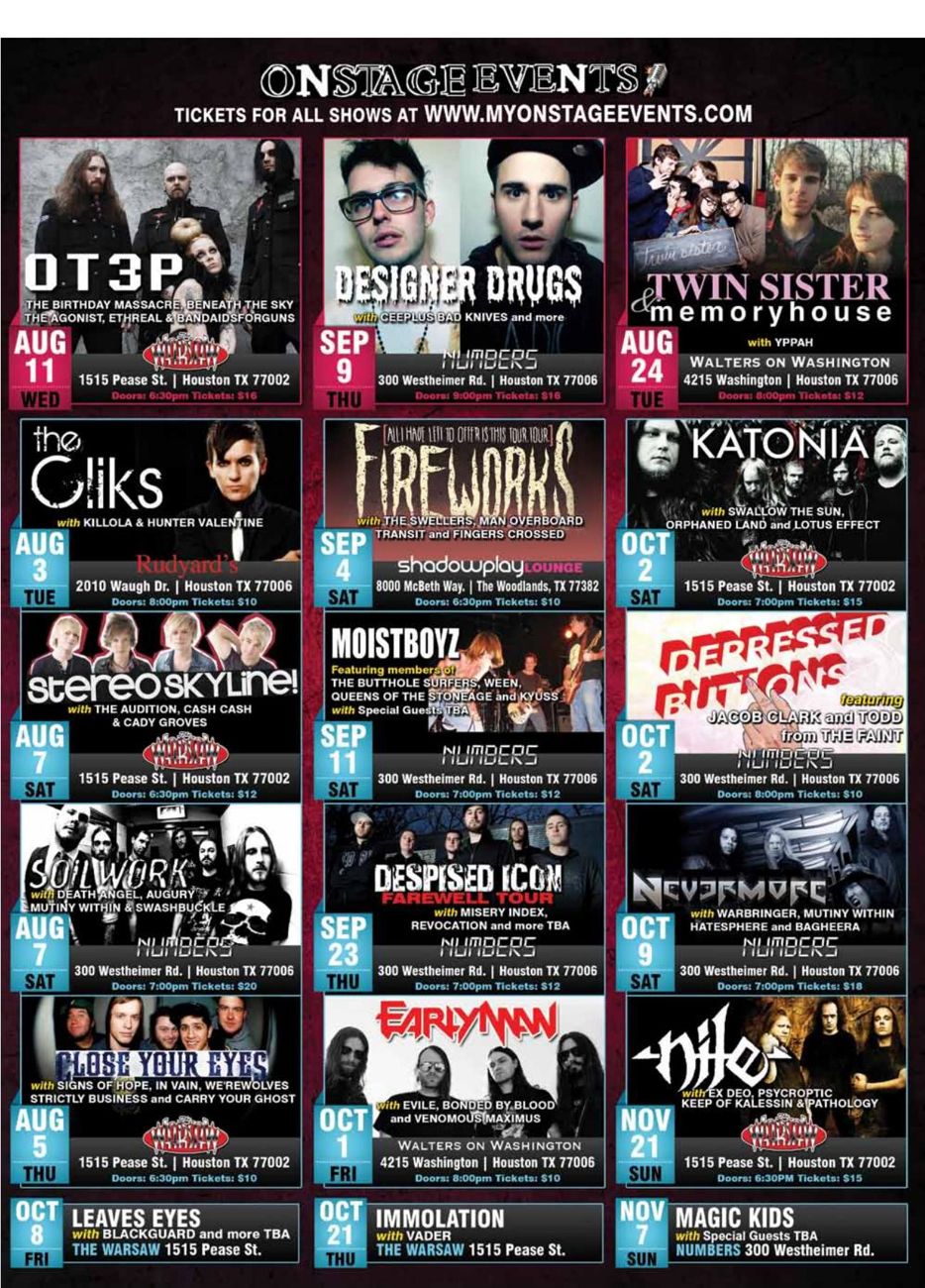 Advertisement: Onstage Events concert poster grid, Free Press Houston 2010.08, PDF page 33