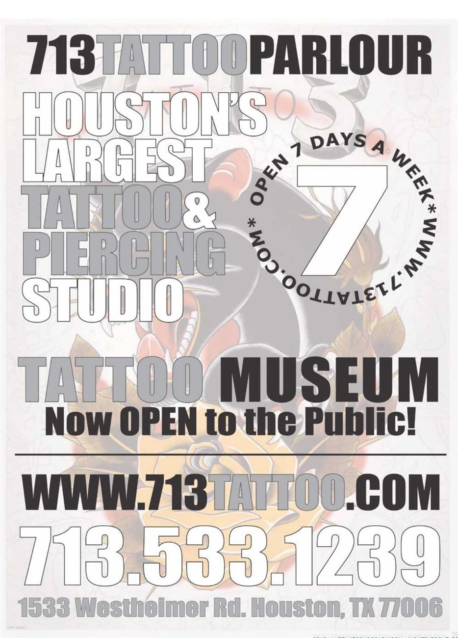Advertisement: 713 Tattoo Parlour tattoo museum, Free Press Houston 2010.08, PDF page 35