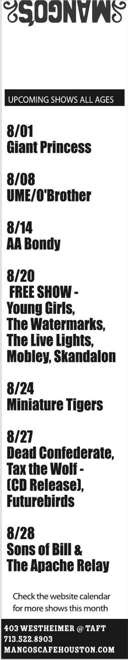 Advertisement: Mango’s upcoming shows, Free Press Houston 2010.08, PDF page 5