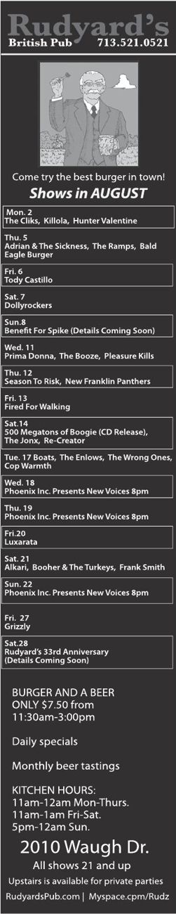 Advertisement: Rudyard’s shows in August, Free Press Houston 2010.08, PDF page 5