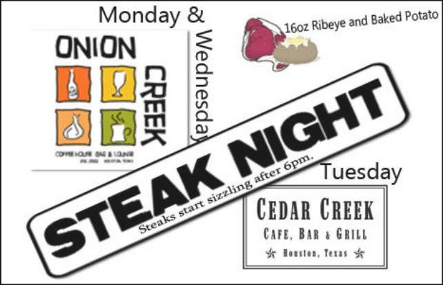 Advertisement: Onion Creek and Cedar Creek steak night, Free Press Houston 2010.08, PDF page 7