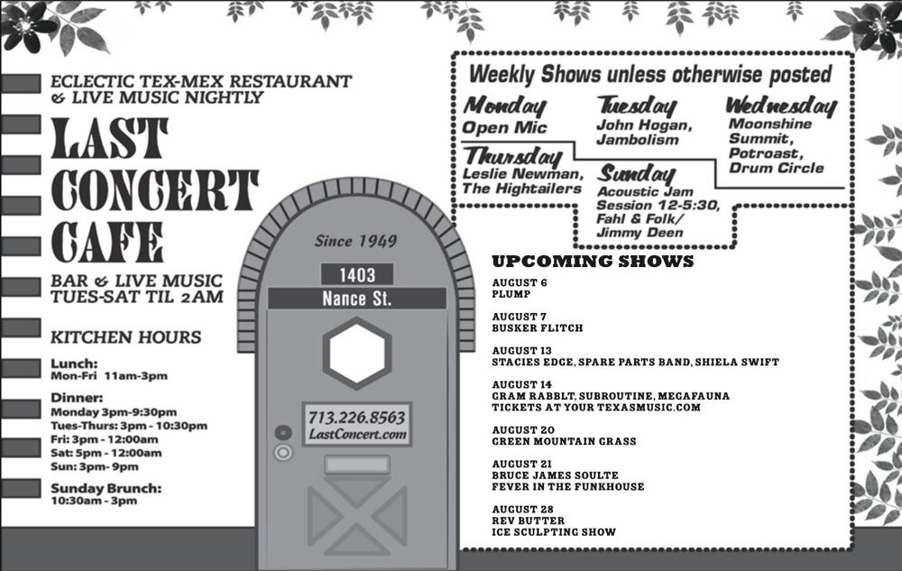 Advertisement: Last Concert Cafe weekly and upcoming shows, Free Press Houston 2010.08, PDF page 7