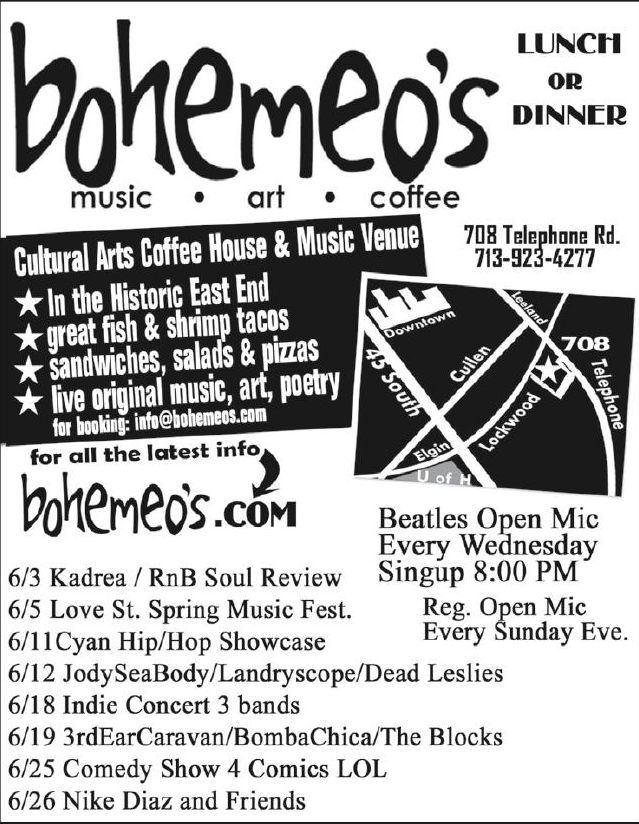 Advertisement: Bohemeo’s cultural arts coffee house and music venue, Free Press Houston 2010.08, PDF page 9