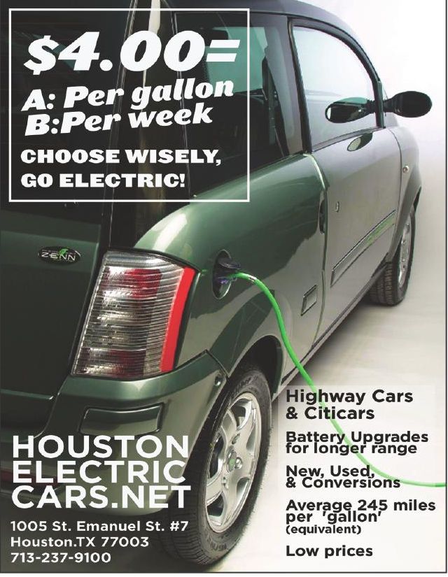 Advertisement: $4.00 = A: Per gallon B: Per week. Choose wisely, go electric!, Free Press Houston 2011.06, PDF page 2