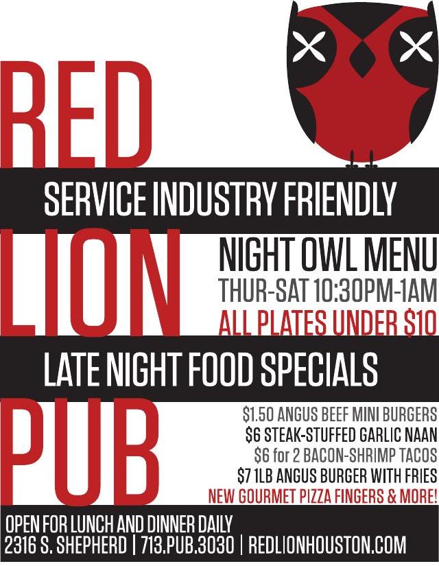 Advertisement: Service industry friendly; Night Owl Menu, Free Press Houston 2011.06, PDF page 2