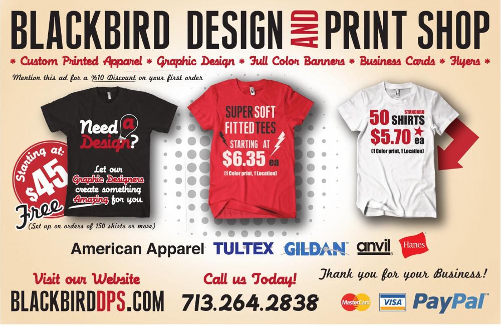 Advertisement: Custom Printed Apparel; Graphic Design; Full Color Banners; Business Cards; Flyers, Free Press Houston 2011.06, PDF page 35