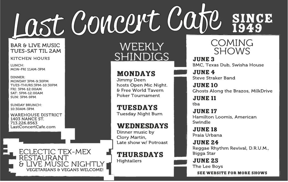 Advertisement: Weekly Shindigs; Eclectic Tex-Mex Restaurant & Live Music Nightly, Free Press Houston 2011.06, PDF page 7