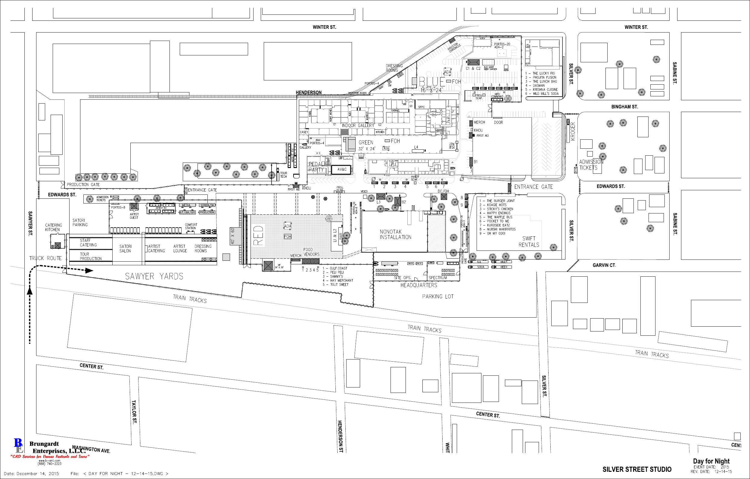 Day for Night 2015 — Final site map for Day for Night 2015 at Silver Street Studio, Sawyer Yards, Houston. Four sheets, drawn by Brungardt Enterprises, L.L.C., revision dated December 14, 2015 and circulated December 16, 2015 as the map to be used from that point. Supersedes the earlier R9 map of December 4, 2015. First sheet shown; the original is held in full.