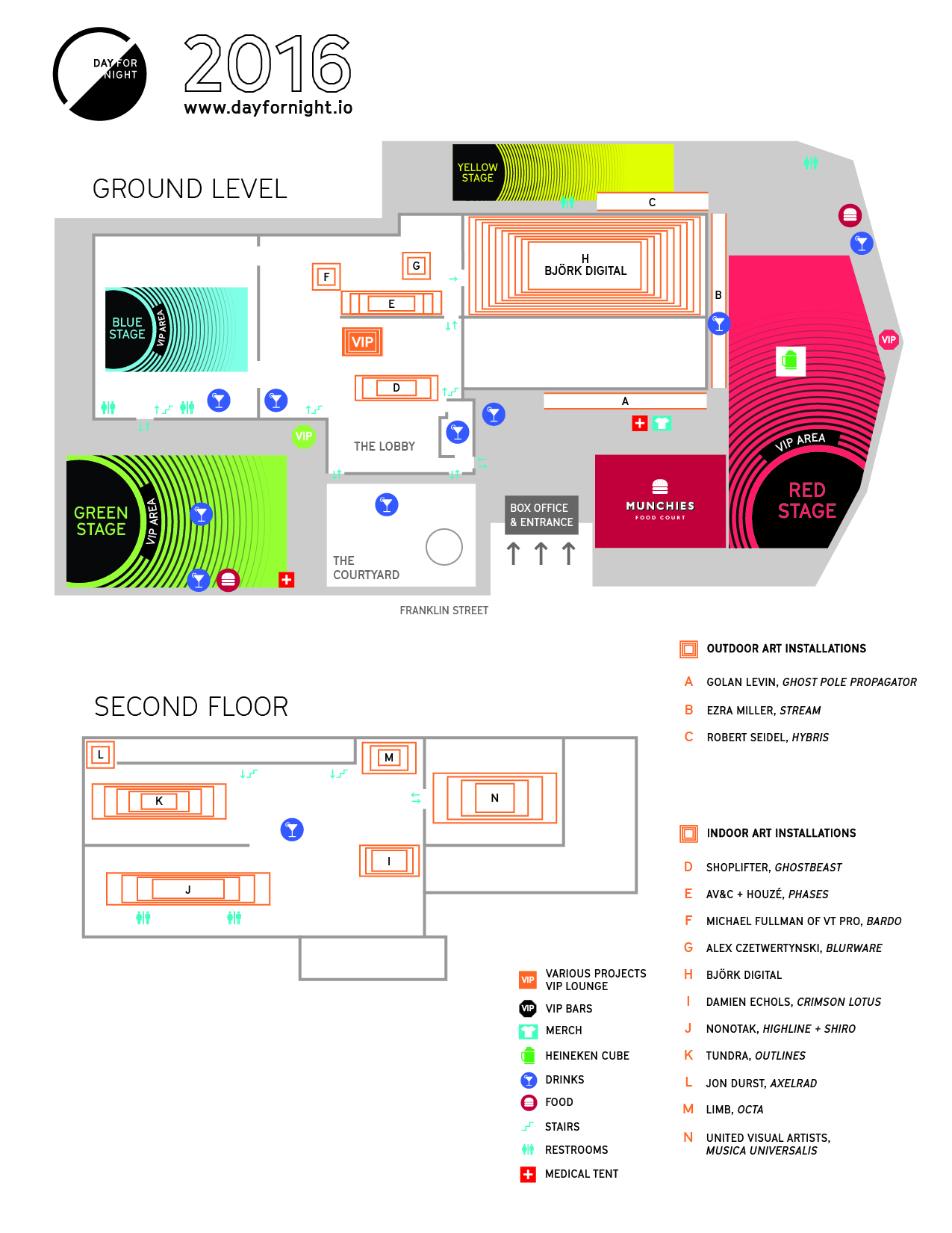 Day for Night 2016 — Public-facing site map for Day for Night 2016, revised and approved December 8, 2016. This is the audience map prepared for the festival website, printed on-site use and wayfinding screens. It supersedes the December 7, 2016 public draft and the intermediate revisions, none of which the archive holds. Held unaltered.
