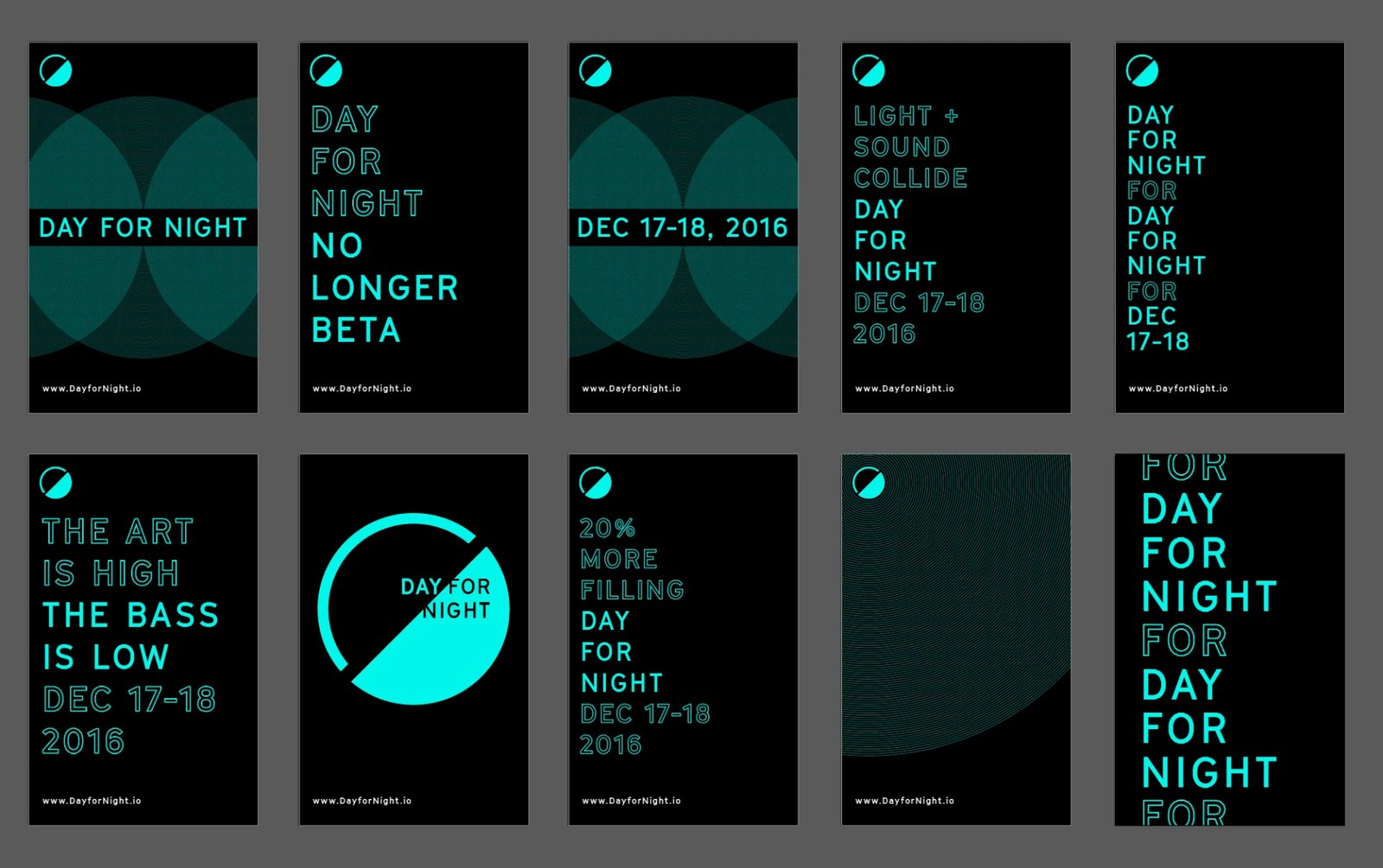A sheet of ten black and cyan Day for Night poster layouts reading “DEC 17–18, 2016” and www.DayforNight.io. Designer not established.